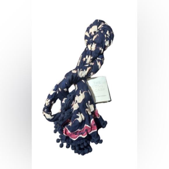 Ann Taylor loft, Navy and Pink Elephant Print Scarf with pom-pom fringe - Picture 2 of 12